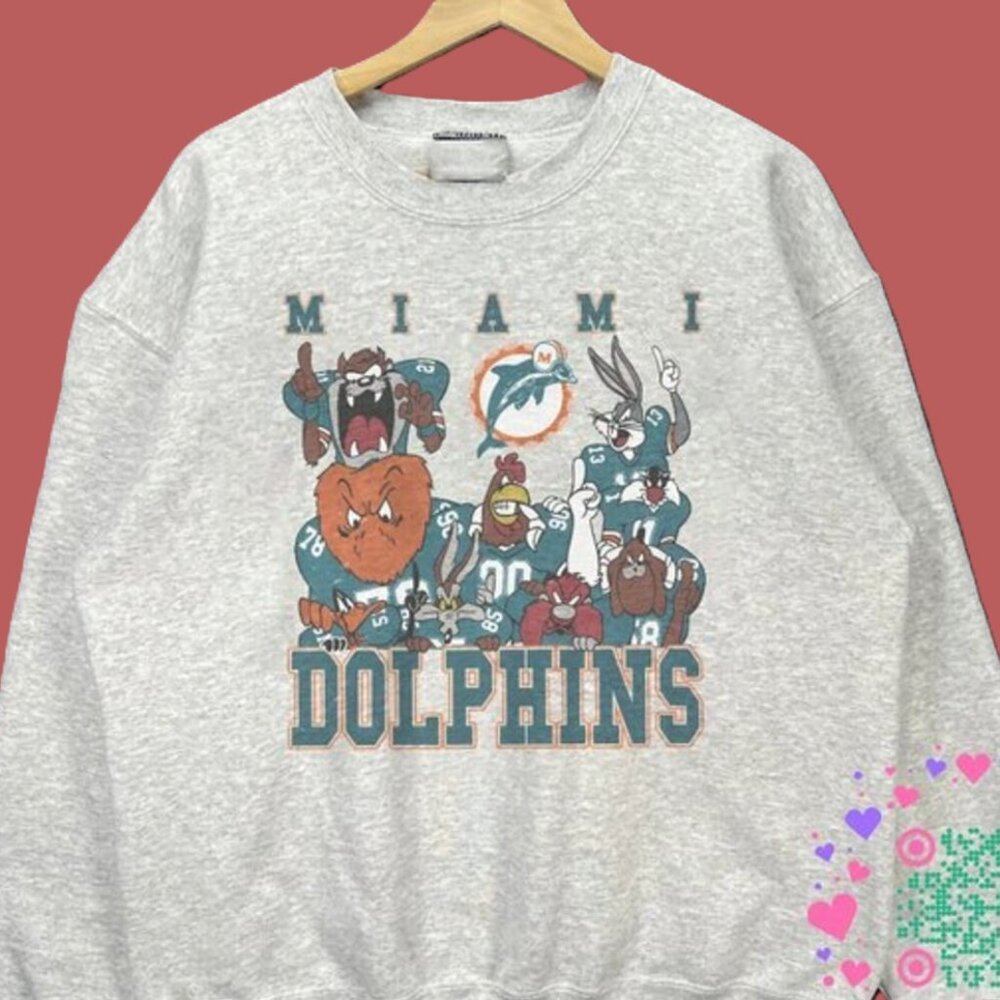 Vtg Miami Dolphins Looney Tunes Football Sweatshirt Retro 90s NFL Shirt tee